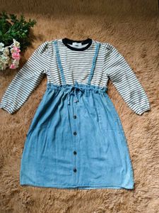 Striped Long Sleeve Denim Dress for girls