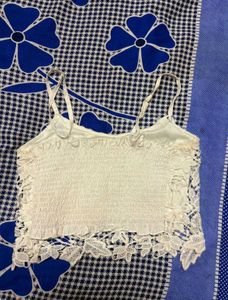 Cream Smocked Lace Trim Cami Top