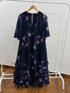 Indigo blue Floral Ruffle hem Midi Dress