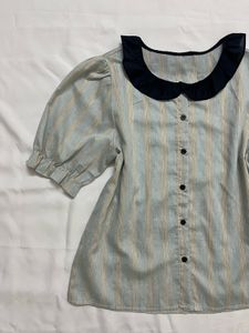 Striped Peter Pan Collar Puff Sleeve Top