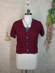 Zara Burgundy Knit Cardigan with Blue Buttons