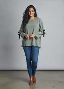 Olive Green Top with Bow Detail on sleeves