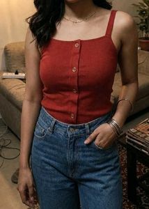 Red Button-Up Crop Top