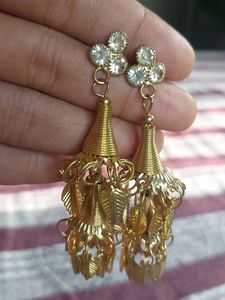 Designer Gold Tone Dangle Earrings with Rhinestone