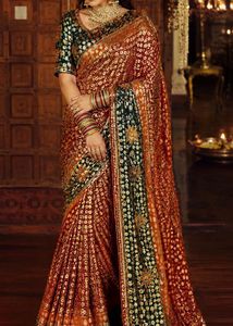 Elegant Red & Green Embellished Saree