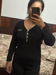 Black Button-Down V Neck Strechable Top