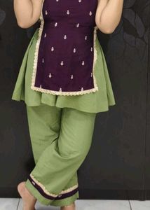 Elegant Purple &amp; Green Kurta Set  self design
