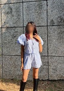 Light Blue Plaid Puff Sleeve Top