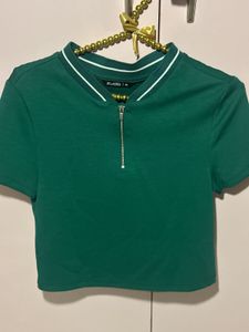 Zudio Green Collared Zip-Up Crop Top