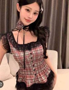 Trendy Plaid Top with Lace Trim