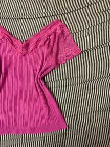 Fuchsia Lace Trim Ribbed Top