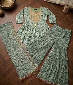 Green Printed Kurta Set with sharara and Dupatta