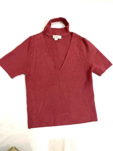 Women Burgundy V Neck Crop Top Sweater