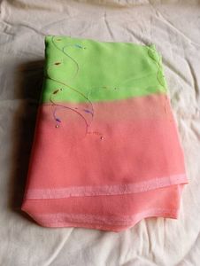 used Vibrant Green &amp; Peach Ombre Saree
