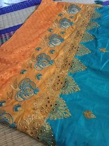 Stunning Teal Silk Saree with Gold Embroidery