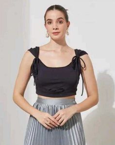 Shein Tie-Up Sleeve Detail Cut-Out Lace Trim Crop