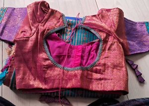 Beautiful Teal &amp; Blue Striped Saree With blouse