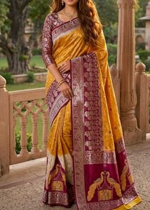 Exquisite Yellow & Maroon Silk Saree