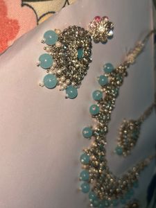 Stunning Teal Blue &amp; Silver Necklace Set with Earr