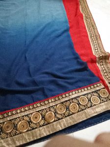 Red &amp; Blue Saree with Golden Border