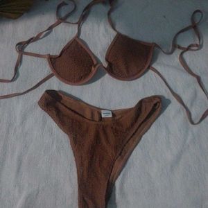 Brown Textured Bikini Set