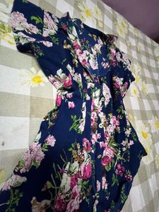 Navy Floral Print Button-Up Top