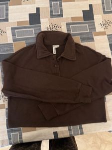 H&amp;M Brown Collared Cropped Sweatshirt
