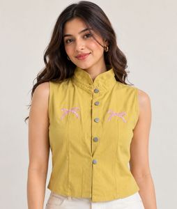 Yellow sleeveless top with bow details