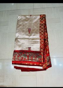 Elegant Cream &amp; Red Silk Saree