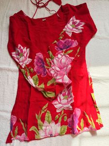 Vibrant Floral Red Kurta with tie up back