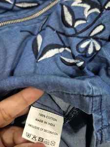 Embroidered Cotton Denim Zip-Up Top