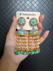 Elegant Grey &amp; Mint Jhumka Earrings