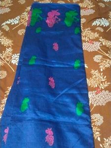 Elegant Blue Saree with Pink &amp; Green Motifs