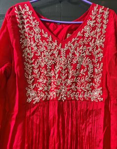 Red satin white sequience  A-line dress
