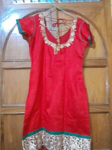 Embroidered Red Kurta Set with Green Bottom