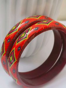wooden Vibrant Red Ethnic Bangles set of 2