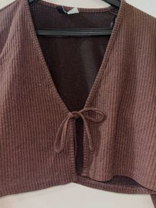 Brown Ribbed Tie-Front Cropped Cardigan