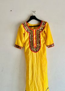 Vibrant Yellow Mirror Work Kurta with pink chudida