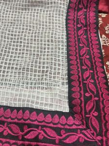 White cottonsilk with pink Border dupatta