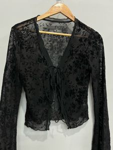 BLACK SHEER TIE FRONT BLOUSE