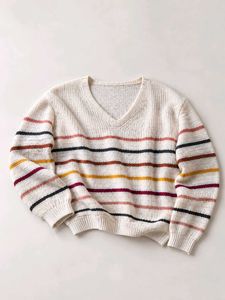 IVORY MULTI-STRIPE V-NECK KNIT SWEATER