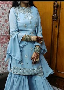 Stunning Blue Mirror Work Sharara Set