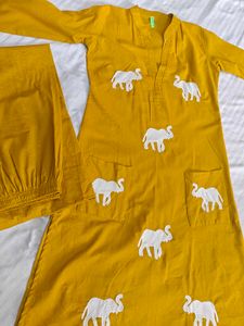 Yellow Kurta with Elephant Embroidery and Pant Set
