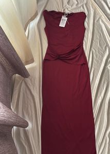 newme maroon ruched one shoulder maxi dress