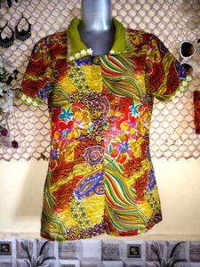 Colorful Patchwork Collared Top