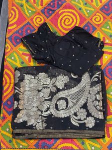 Elegant Black Saree with Silver Border