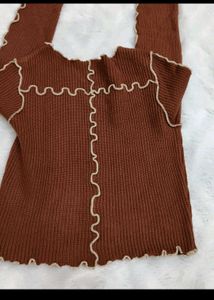 Chic Brown Ribbed Lettuce Trim Top