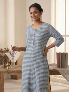 Chic Geometric Slate Blue Pure Cotton Straight Kur