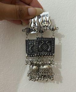 Trishul Shaped Oxidised Jhumka Earrings