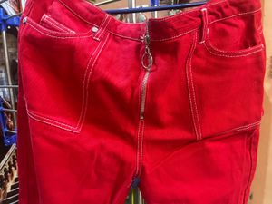 Red High-Waisted Zipper Jeans